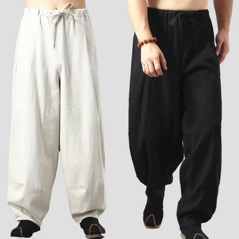 Mocoer Casual Solid Color Drawstring Cotton Linen Men's Pants With Pockets - Mocoer