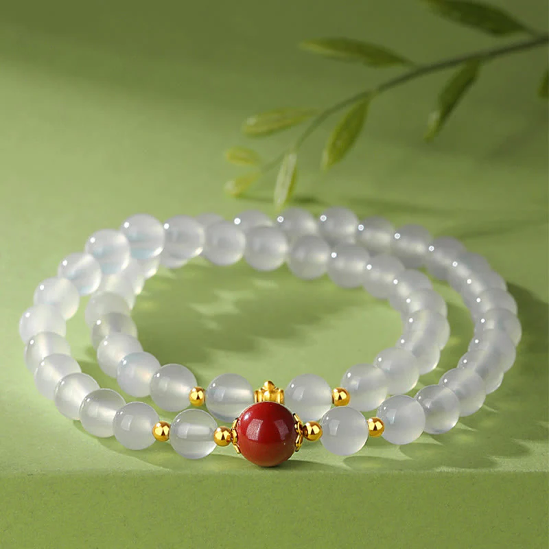 Mocoer 925 Sterling Silver Natural White Agate Cinnabar Double Wrap Protection Bracelet - Mocoer