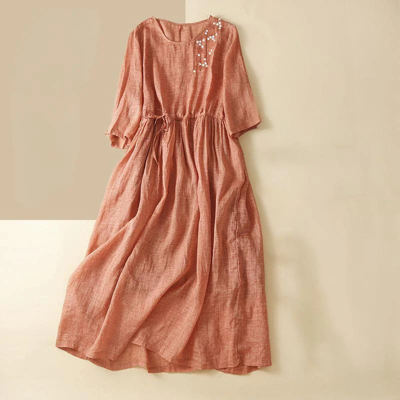 Mocoer Summer Pure Color Embroidery Half Sleeve Drawstring Cotton Linen Women's Maxi Dress With Pockets - Mocoer