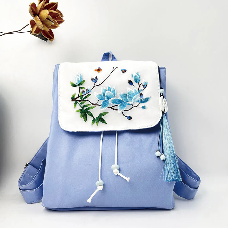 Mocoer Handmade Blue Magnolia Embroidered Large Capacity Canvas Backpack - Mocoer