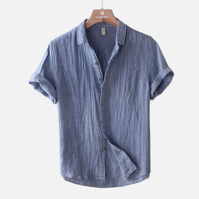 Mocoer Men's Shirt Solid Color Lapel Top Short Sleeve Comfy Button Crease Linen Shirt - Mocoer