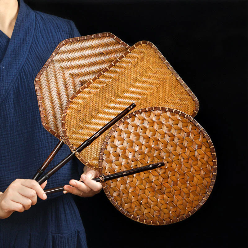 Mocoer Chinese Style Handmade Bamboo Woven Round Oval Banana Shape Long Handle Fan - Mocoer