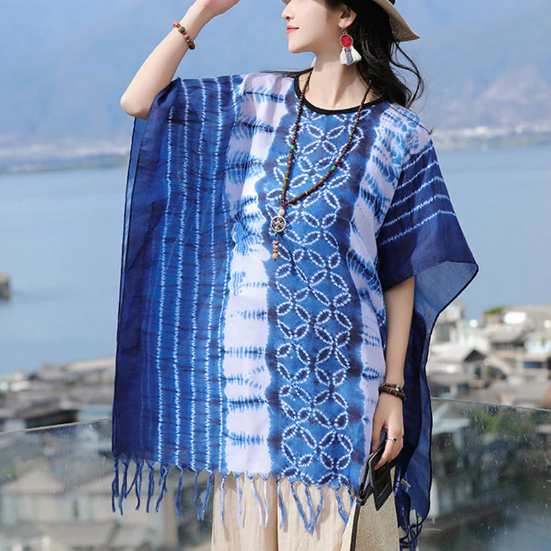 Mocoer Blue White Striped Indigo Dyeing Shawl Tassels Cozy Pullover 90*95cm - Mocoer