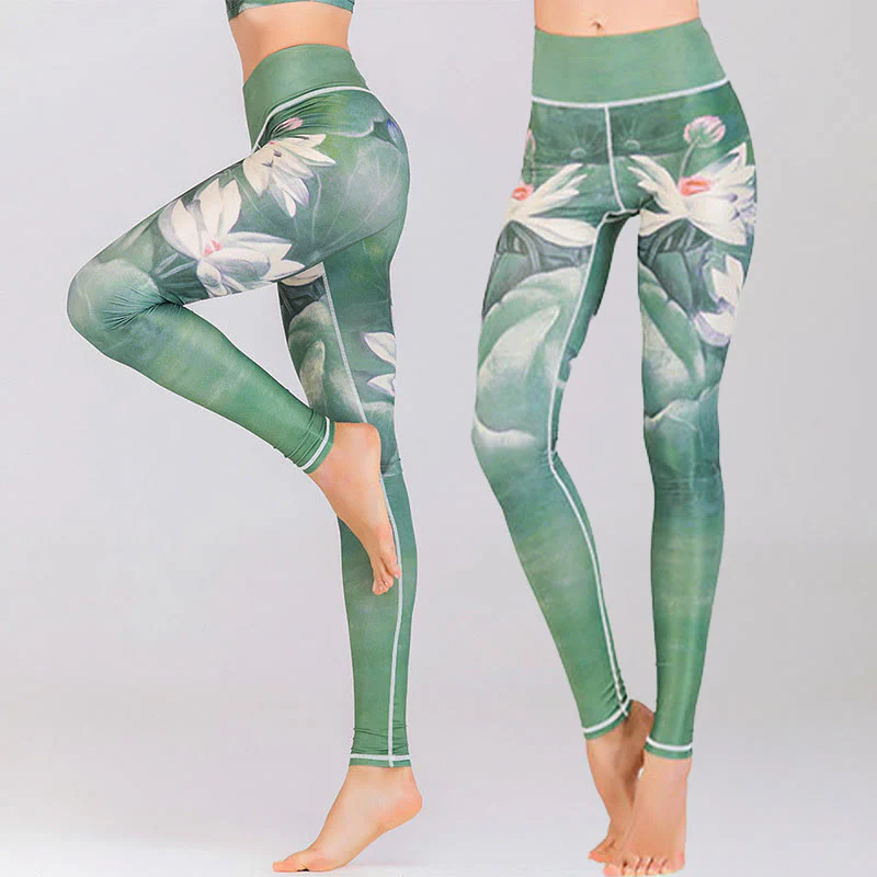 Mocoer Lotus Cherry Blossom Gradient Peacock Print Lycra Fabric Fitness Leggings Women's Yoga Pants - Mocoer