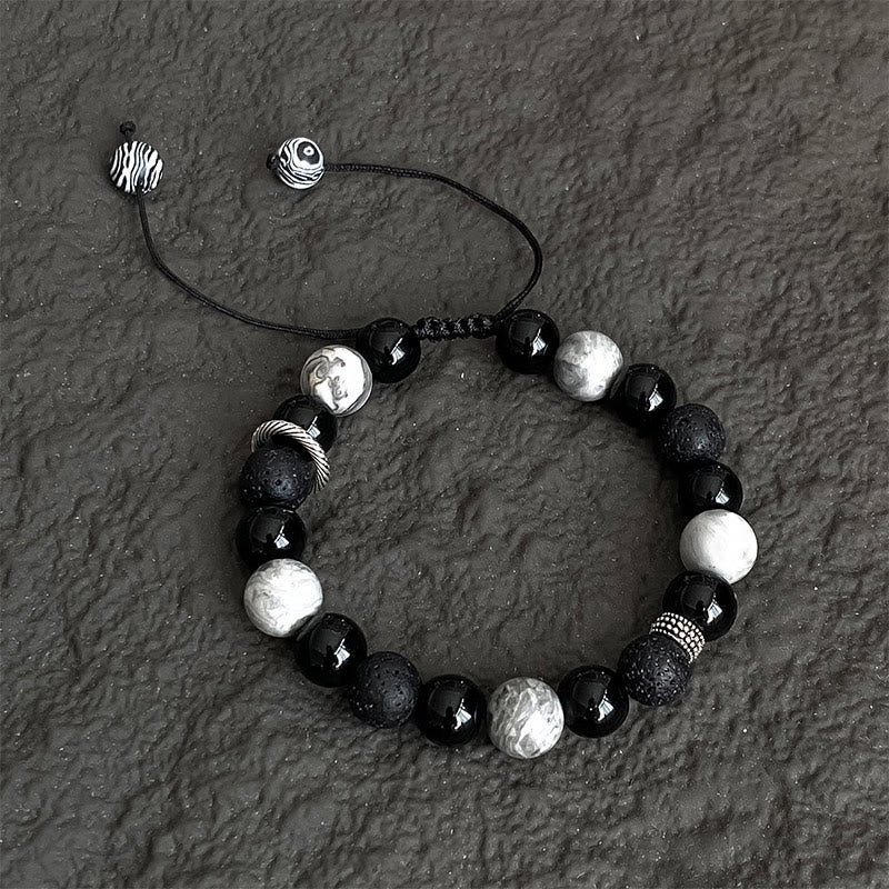 Mocoer Vintage Lava Rock Black Obsidian Picasso Jasper Beads Support Rope Bracelet - Mocoer