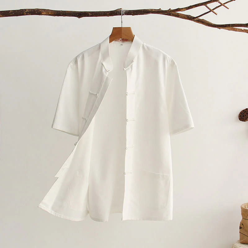Mocoer Chinese Frog-Button Tang Suit Men's Short Sleeve Cotton Shirt With Pockets - Mocoer