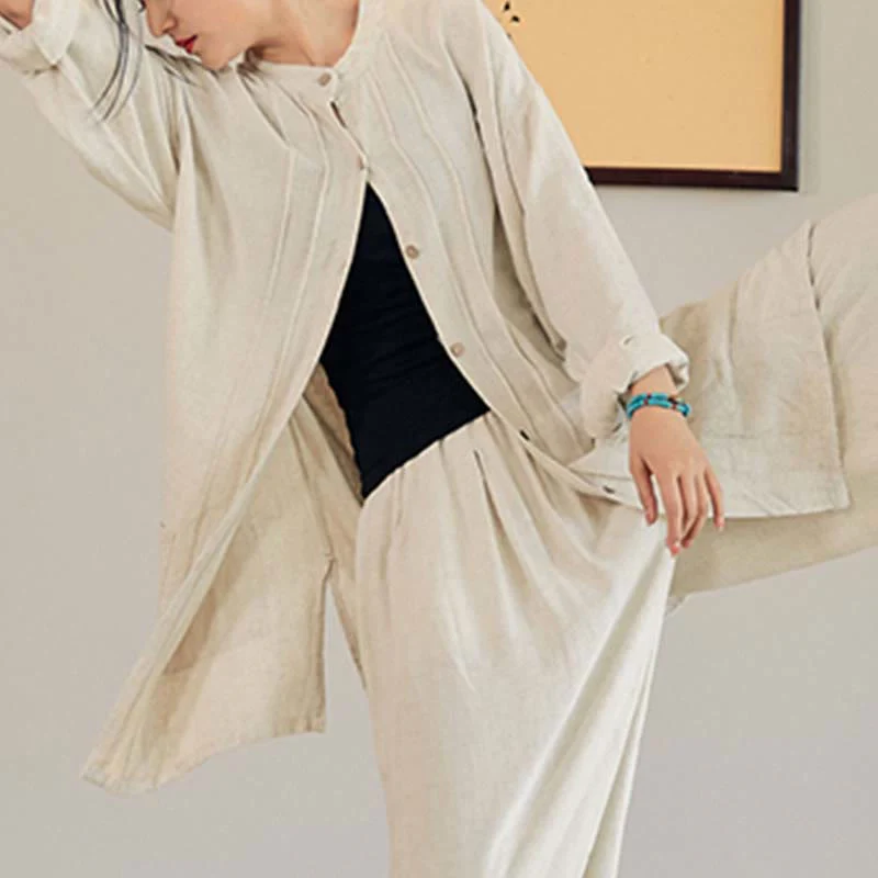 Mocoer Plain Long Sleeve Coat Jacket Top Wide Leg Pants Zen Tai Chi Yoga Meditation Clothing - Mocoer