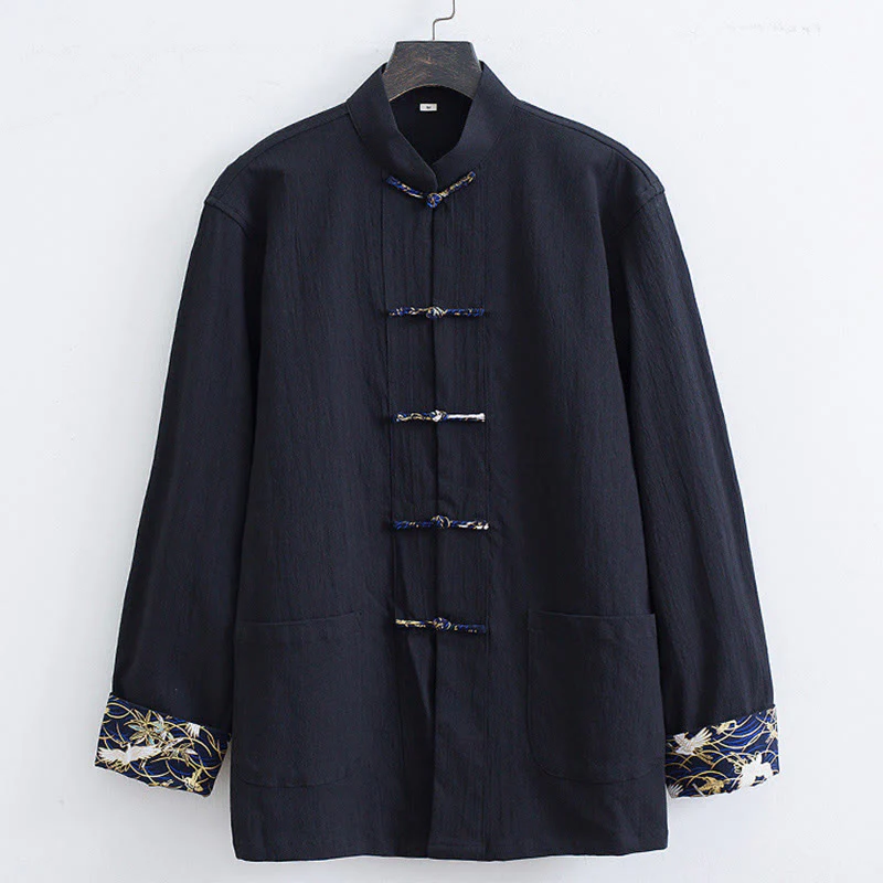 Mocoer Men's Frog-Button Tang Suit Cotton White Crane Embroidery Jacket Shirt With Pockets - Mocoer