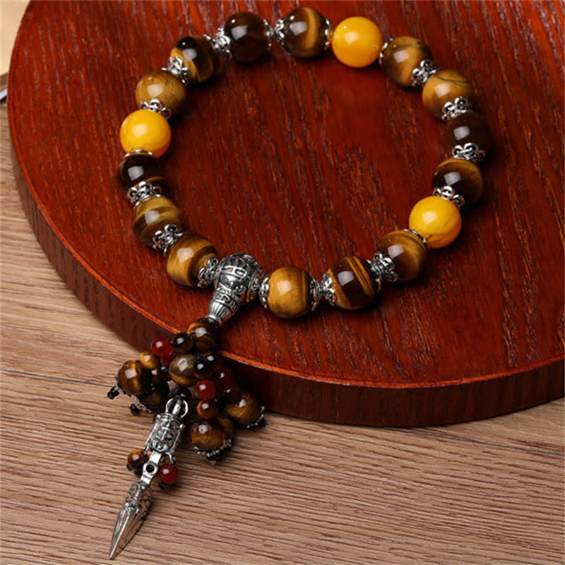 Mocoer Natural Tiger Eye Red Agate Dragon Vein Agate Stone Vajra Dorje Power Healing Bracelet Car Decoration - Mocoer