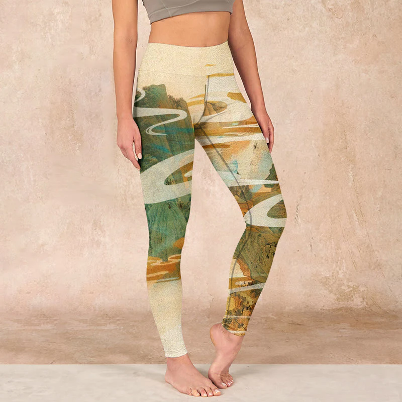 Mocoer Green Mountains Clouds Mist Print Fitness Leggings Women's Yoga Pants - Mocoer