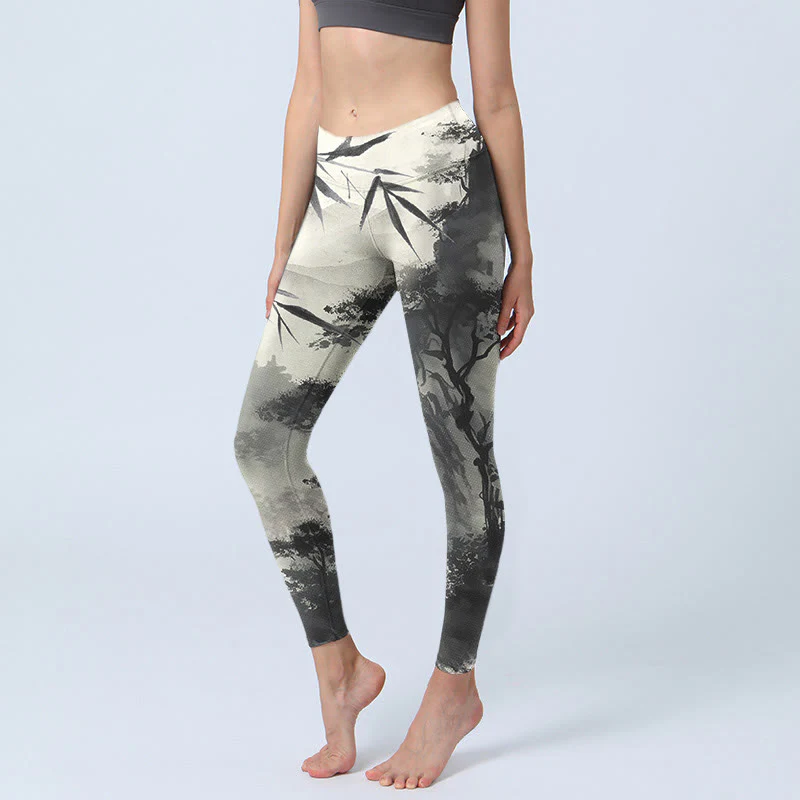 Mocoer Ink Bamboo Pine Mountains Print Gym Leggings Women's Yoga Pants - Mocoer