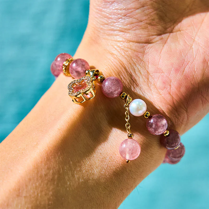Mocoer Strawberry Quartz Pearl Four Leaf Clover Charm Healing Bracelet - Mocoer