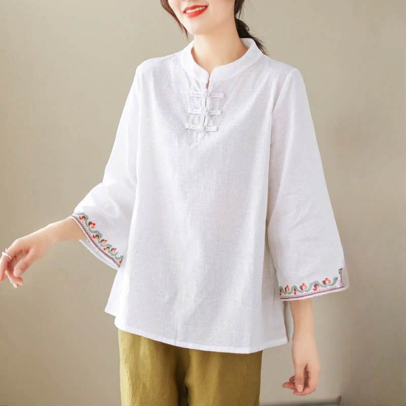 Mocoer Casual Jacquard Frog-Button Women's Crew Neck Design Three Quarter Sleeve Cotton Linen Shirt - Mocoer