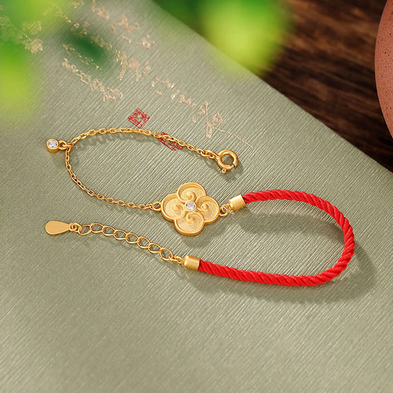 Mocoer 925 Sterling Silver Plated Gold Four Leaf Clover Zircon Luck Bracelet - Mocoer