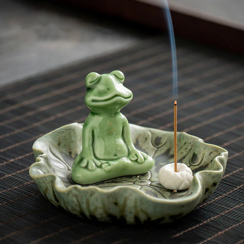 Mocoer Leaf Meditation Frog Pattern Healing Ceramic Incense Burner Decoration - Mocoer