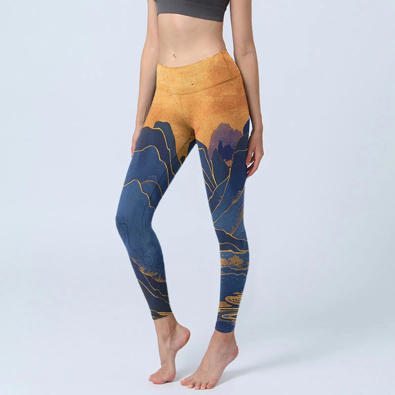 Mocoer Dark Blue Mountain Sunset Print Fitness Leggings Women's Yoga Pants - Mocoer