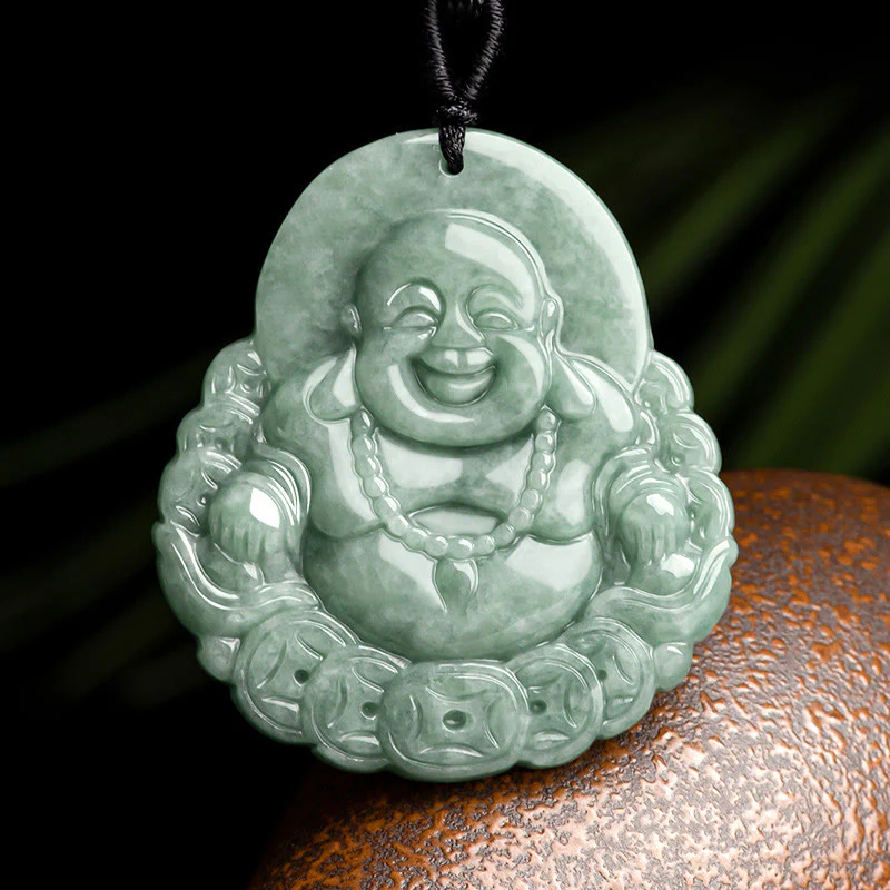 Mocoer Laughing Buddha Natural Jade Copper Coin Abundance Necklace Pendant - Mocoer