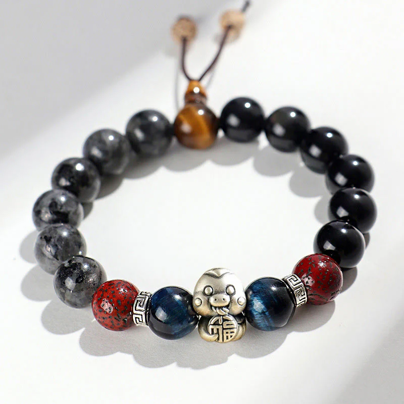Mocoer Black Glitter Stone Black Onyx 999 Sterling Silver Fu Character Copper Coin Year Of Snake Protection Bracelet - Mocoer