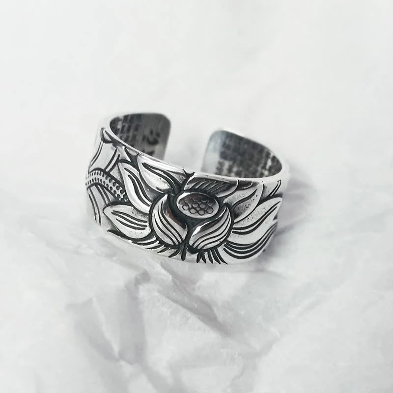 Mocoer 999 Sterling Silver Lotus Symbol Heart Sutra Protection Ring - Mocoer