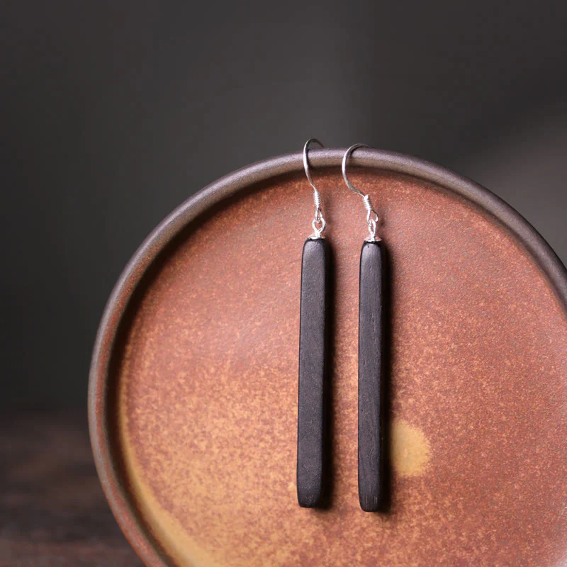Mocoer 925 Sterling Silver Ebony Wood Texture Balance Peace Drop Dangle Earrings - Mocoer