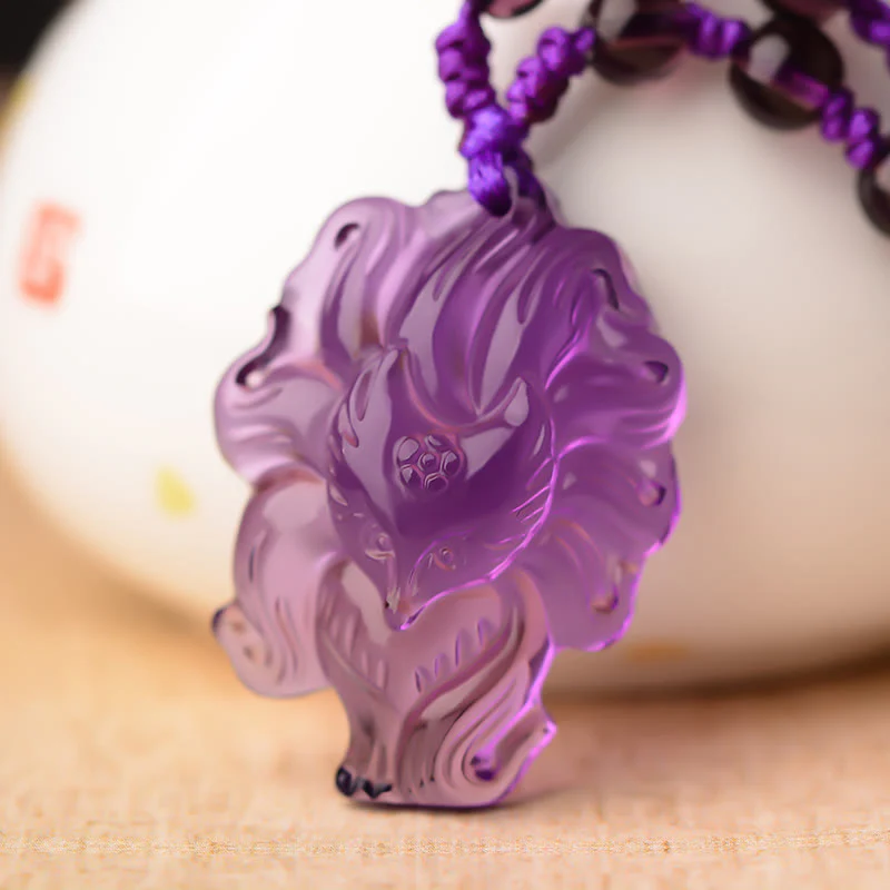 Mocoer Natural Amethyst White Crystal Citrine Nine Tailed Fox Luck Necklace Pendant - Mocoer