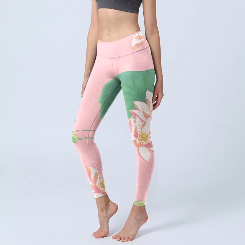 Mocoer Pink Lotus Flower Leaf Print Gym Fitness Leggings Women's Yoga Pants - Mocoer