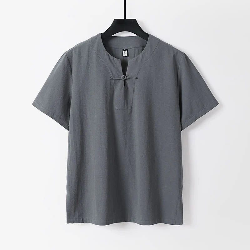 Mocoer Solid Color Short Sleeve One Frog Button Cotton Linen Men's Shirt - Mocoer