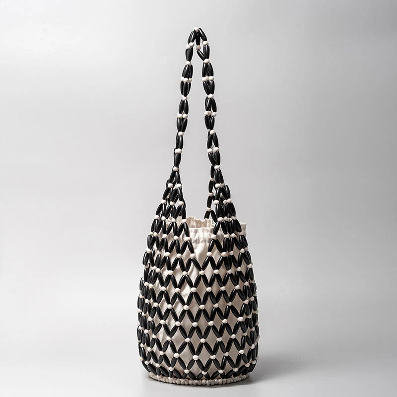 Mocoer Hand-woven Wooden Beads Bucket Shoulder Bag Handbag - Mocoer