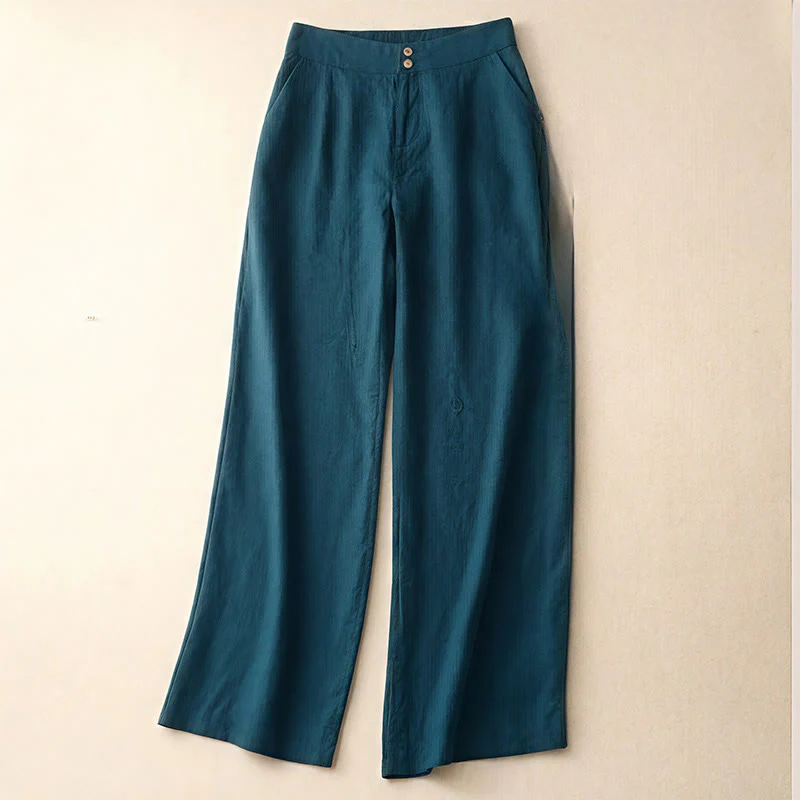 Mocoer Summer Casual Simple Design Linen Women's Wide Leg Pants With Zipper Pockets - Mocoer
