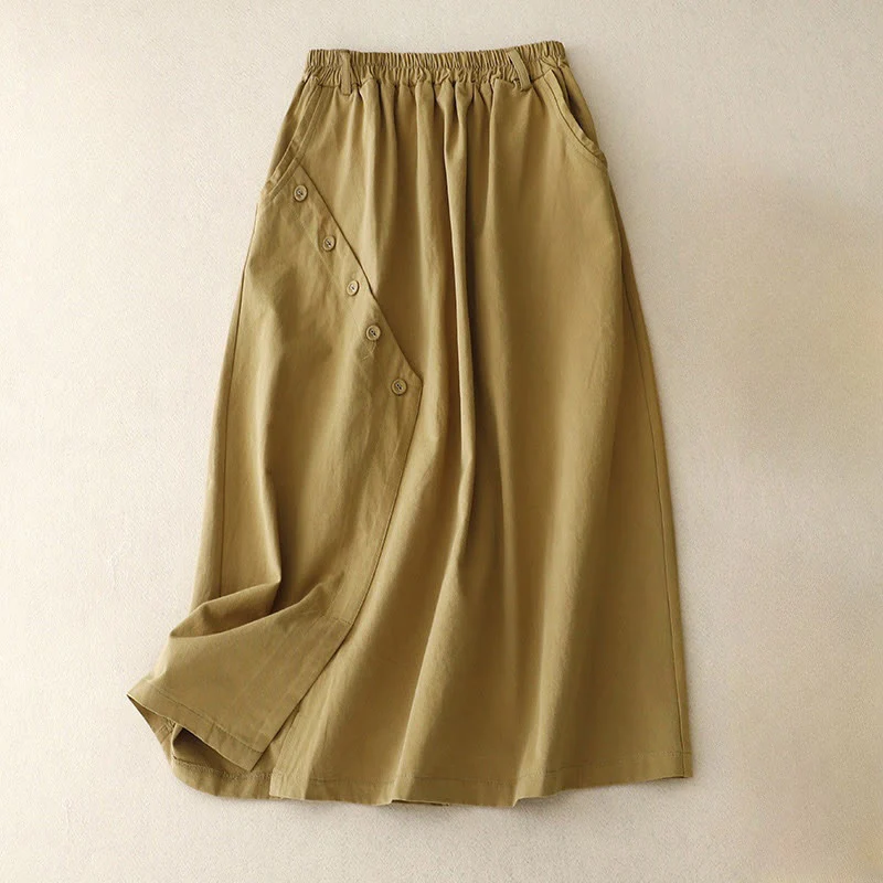 Mocoer Casual Plain Asymmetrical Button Design Cotton Women's Skirt With Pockets - Mocoer