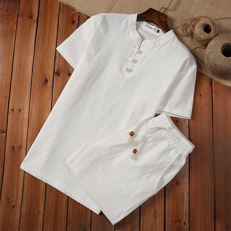 Mocoer 2Pcs Solid Color Frog-Button Tang Suit Cotton Linen Short Sleeve Pants Clothing Men's Set - Mocoer