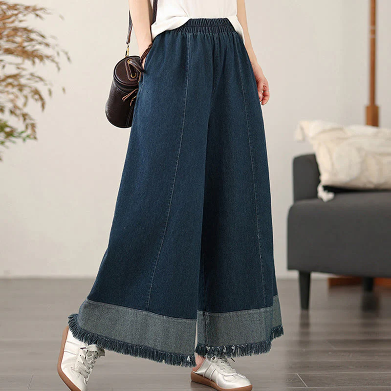 Mocoer Spring Vintage Distressed Tassel Design Women's Wide Leg Pants With Pockets - Mocoer