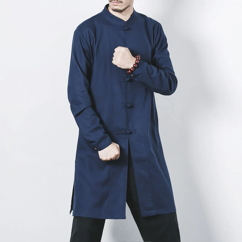Mocoer Fall Simple Frog-Button Linen Men's Mid-length Coat Zen Clothing - Mocoer