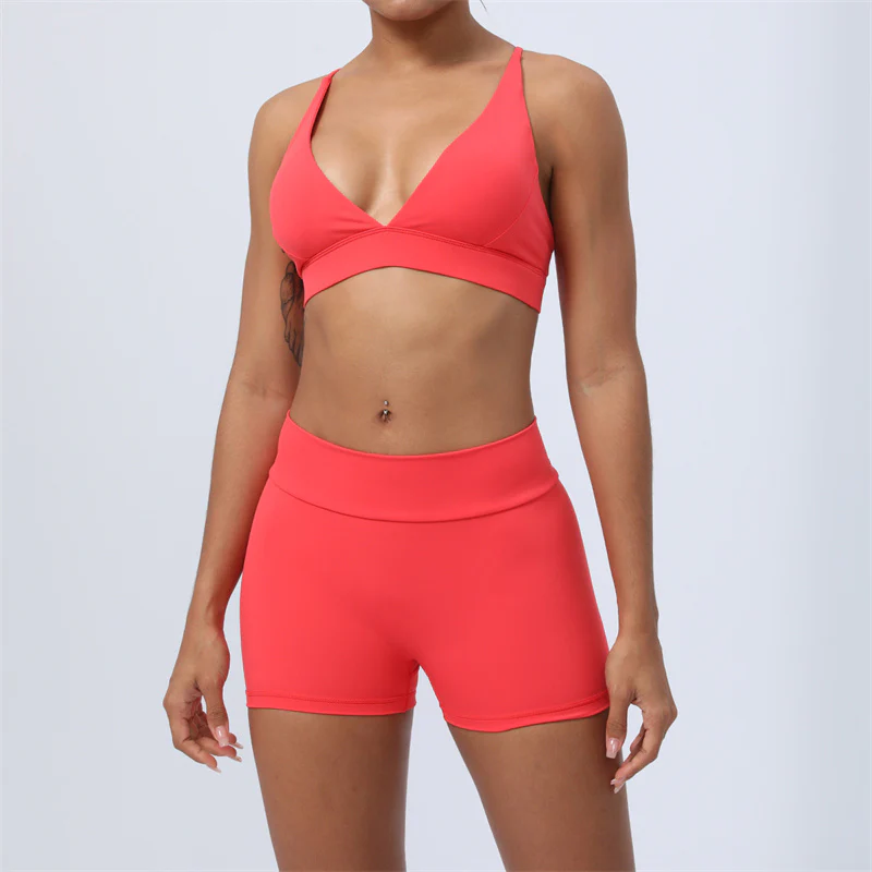 Mocoer 2Pcs Backless Criss-Cross Strap Design Top Bra Shorts Leggings Pants Fitness Yoga Outfit Set - Mocoer