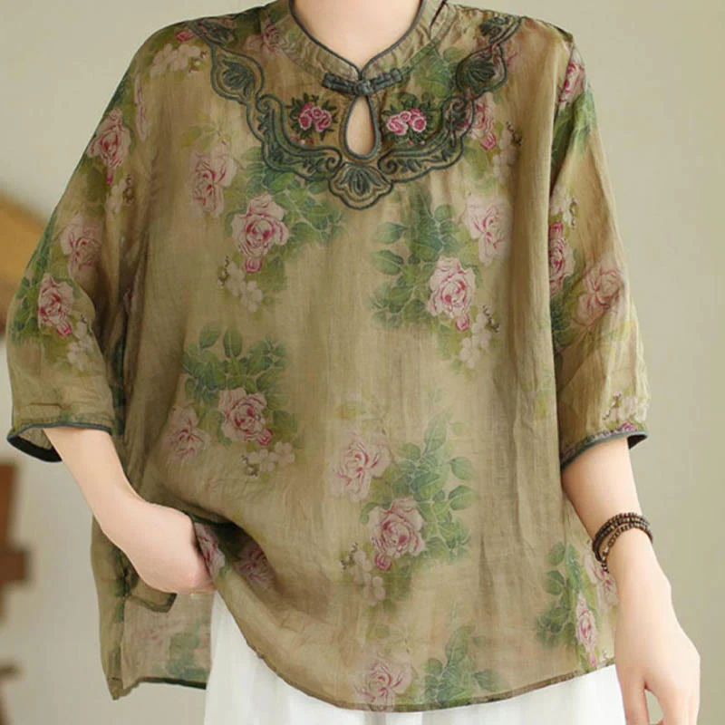 Mocoer Light Green Rose Flower Embroidery Design Three Quarter Sleeve Ramie Linen Shirt - Mocoer