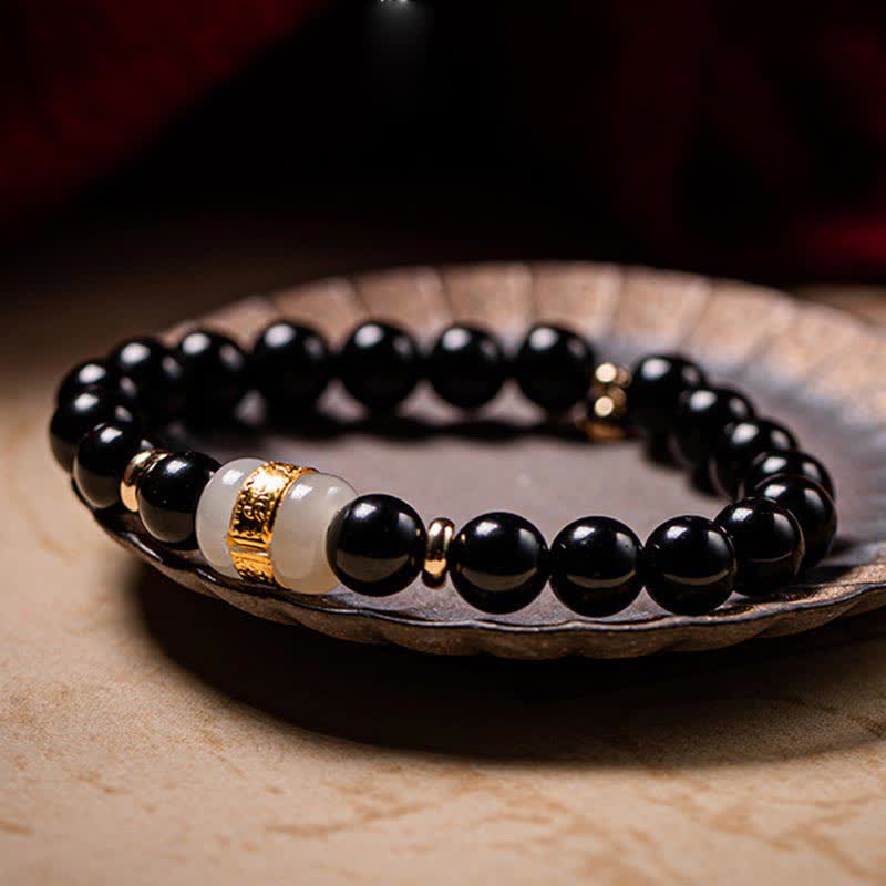 Mocoer Black Obsidian Jade Om Mani Padme Hum Strength Couple Magnetic Bracelet - Mocoer