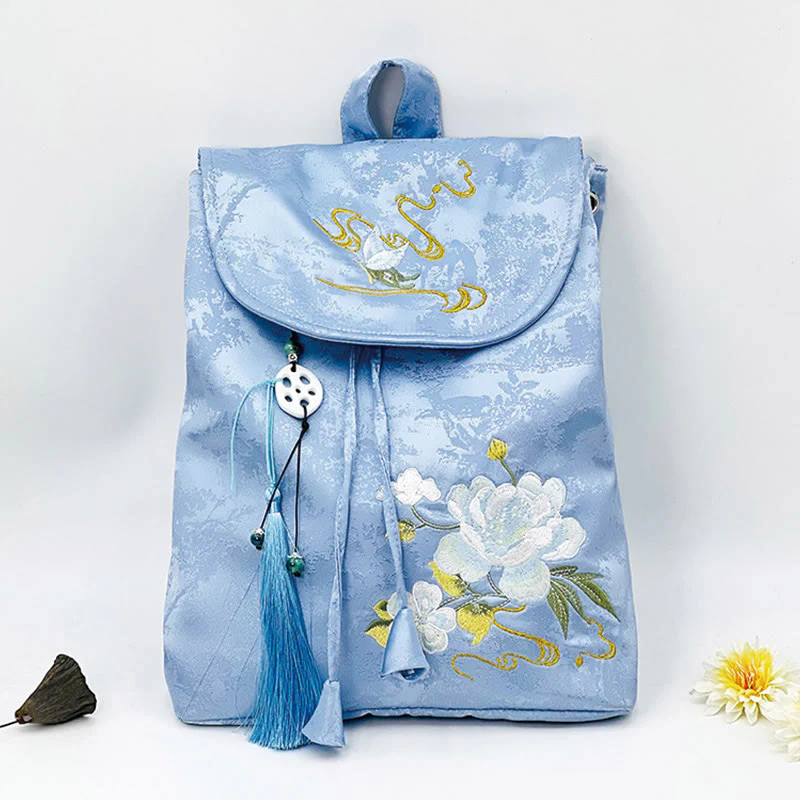 Mocoer Handmade Blue Camellia Embroidered Large Capacity Polyester Cotton Backpack - Mocoer