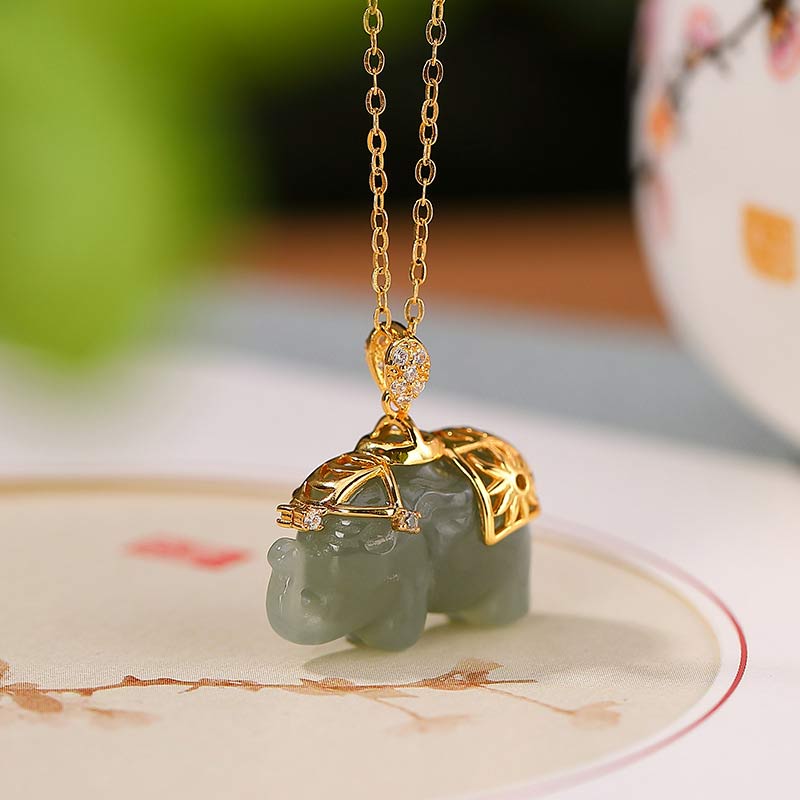 Mocoer 925 Sterling Silver Jade Elephant Blessing Fortune Necklace Chain Pendant - Mocoer