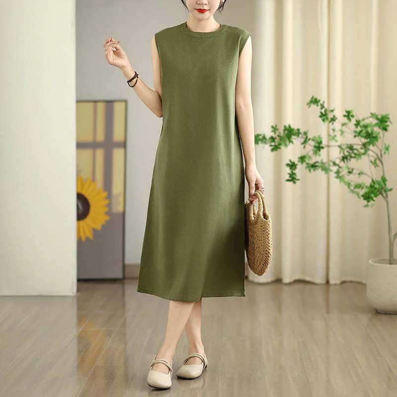 Mocoer Casual Plain Color Button Back Design Sleeveless Cotton Linen Midi Dress With Pockets - Mocoer