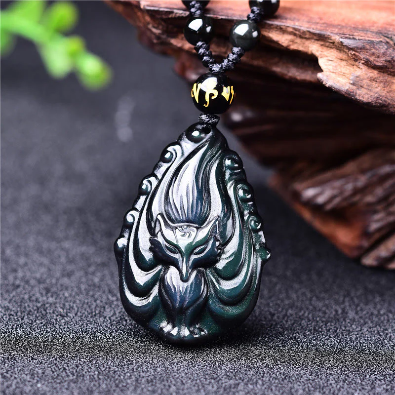 Mocoer Natural Rainbow Obsidian Nine Tailed Fox Inner Peace Necklace Beaded String Pendant - Mocoer