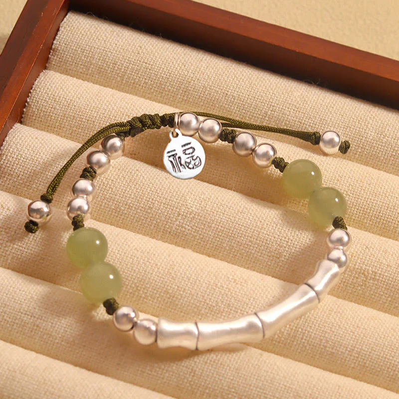 Mocoer 925 Sterling Silver Natural Jade Fu Character Bamboo Abundance Bracelet - Mocoer