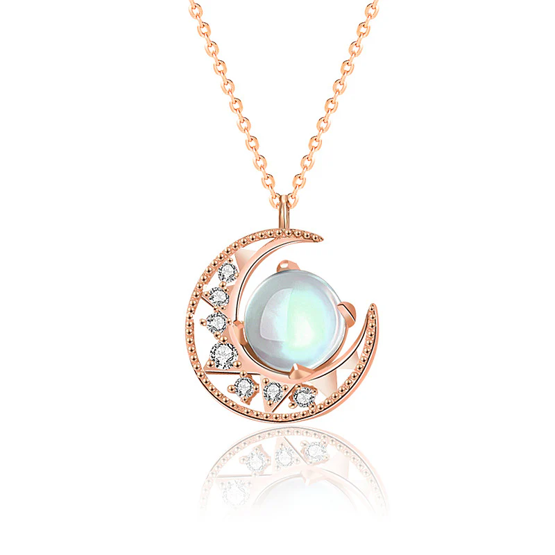 Mocoer 925 Sterling Silver Moonstone Moon Pattern Love Necklace Pendant - Mocoer
