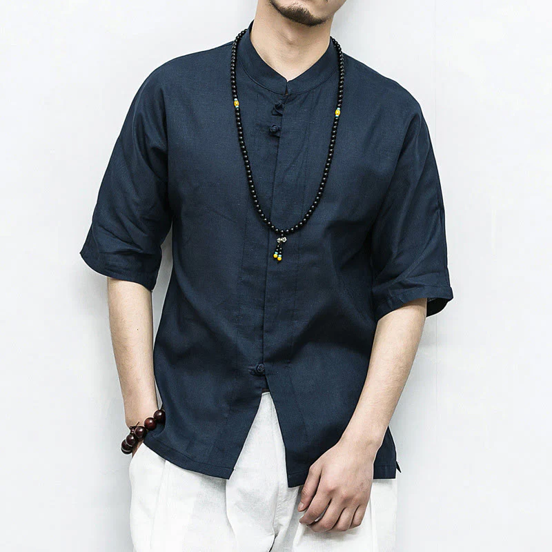 Mocoer Chinese Frog-Button Tang Suit Zen Half Sleeve Shirt Linen Men Clothing - Mocoer