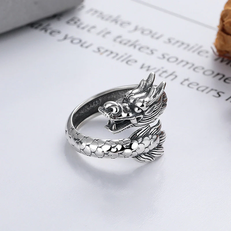 Mocoer 925 Sterling Silver Year Of The Dragon Luck Strength Adjustable Metal Ring - Mocoer