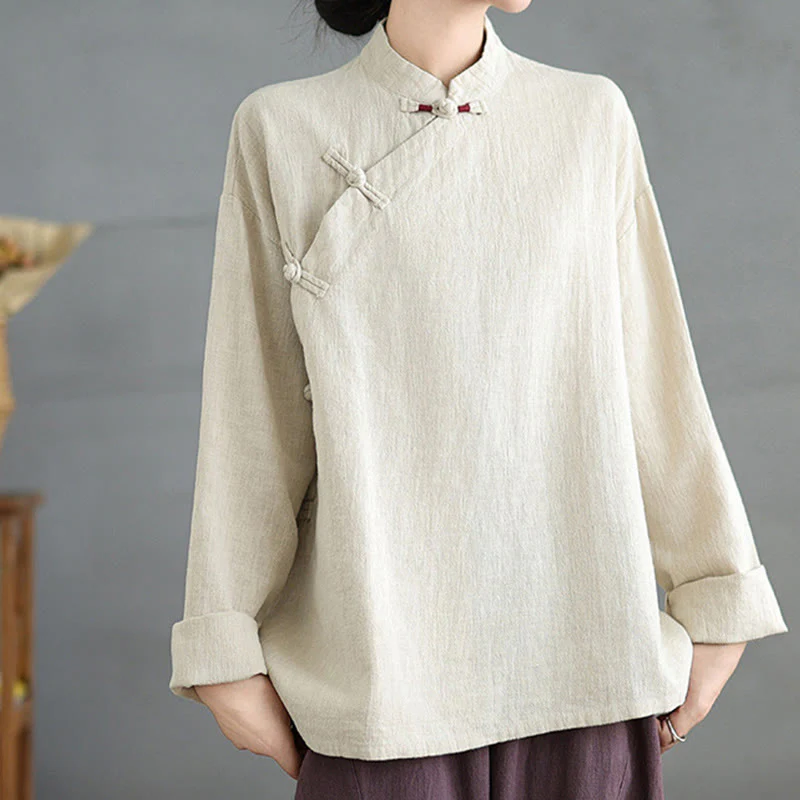 Mocoer Solid Color Frog-Button Long Sleeve Women's Shirt - Mocoer