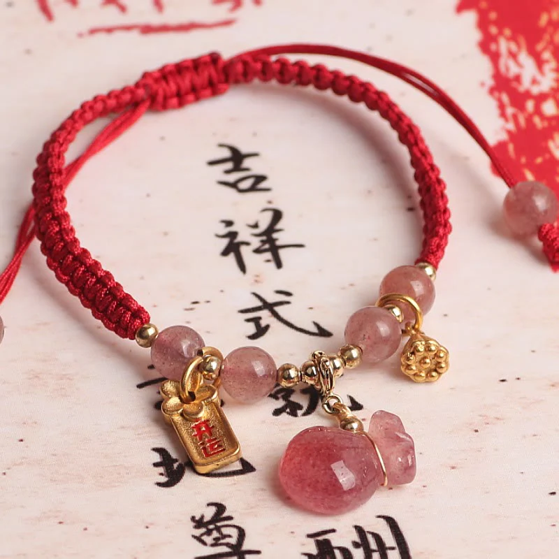 Mocoer Natural Strawberry Quartz Money Bag Lotus Healing Charm Red String Braided Bracelet - Mocoer