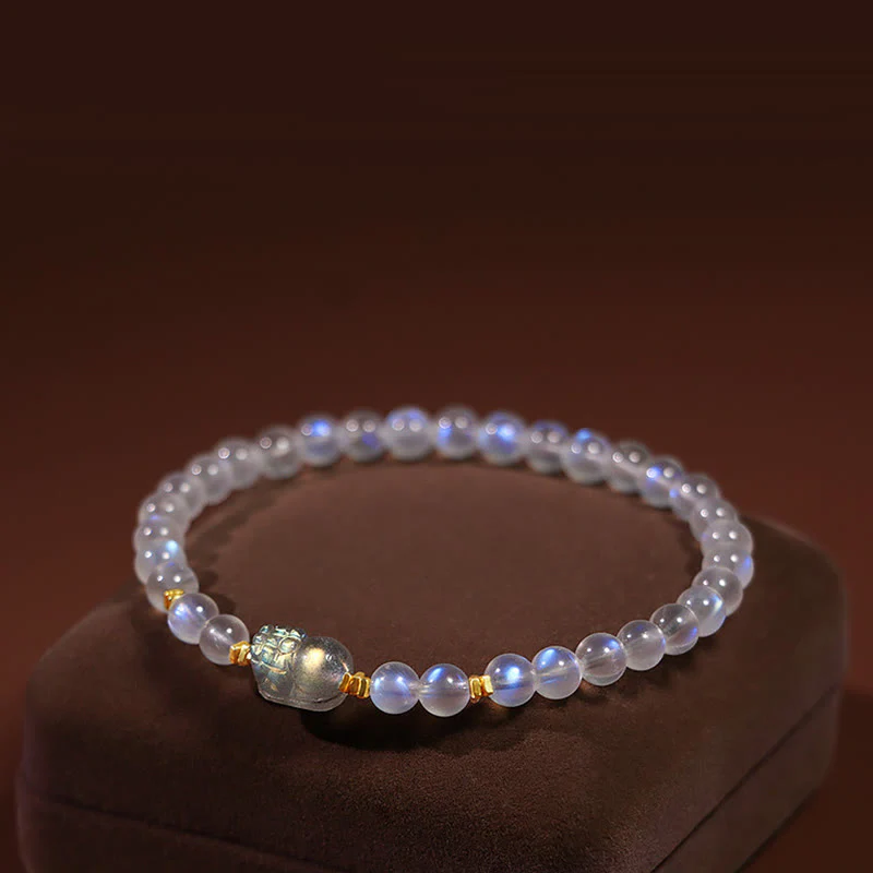 Mocoer 925 Sterling Silver Plated Gold Natural Moonstone PiXiu Healing Bracelet - Mocoer