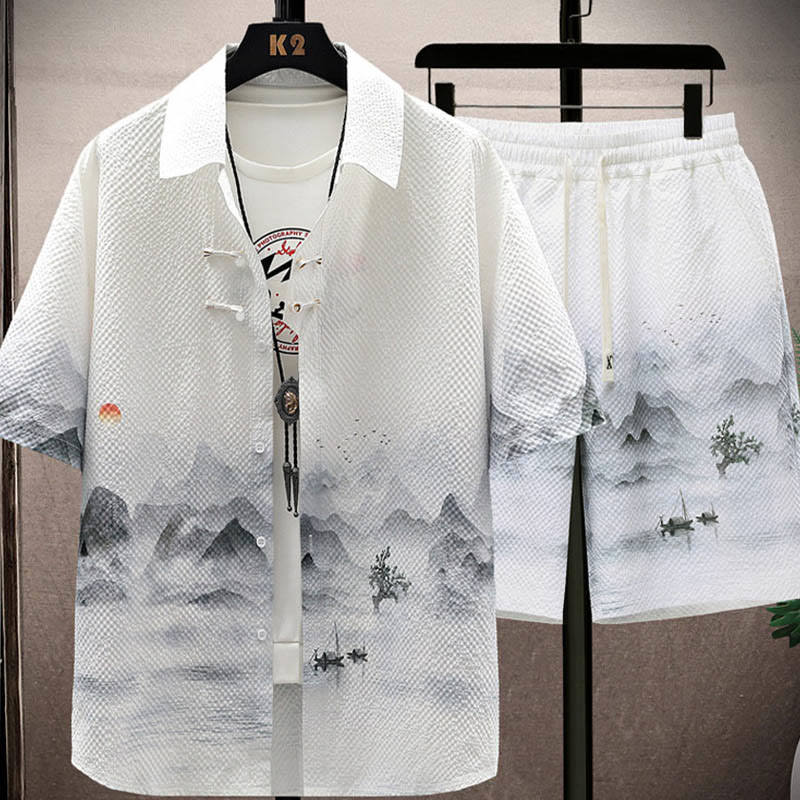 Mocoer Landscape Coconut Trees Magpie Pattern Short Sleeve Shorts Men's Set - Mocoer