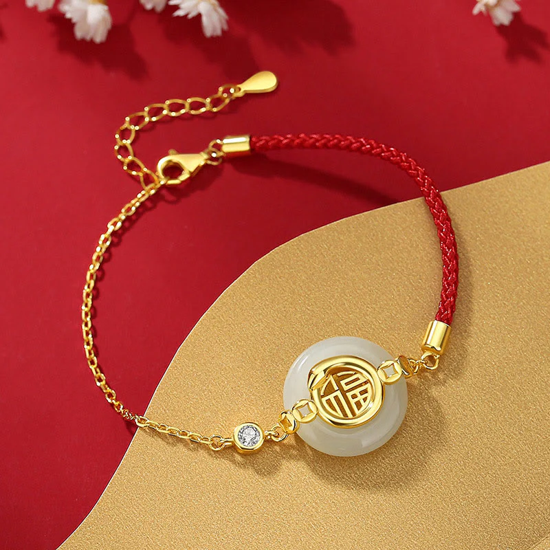 Mocoer 925 Sterling Silver Hetian Jade Peace Buckle Fu Character Year Of Snake Red String Protection Braided Bracelet - Mocoer