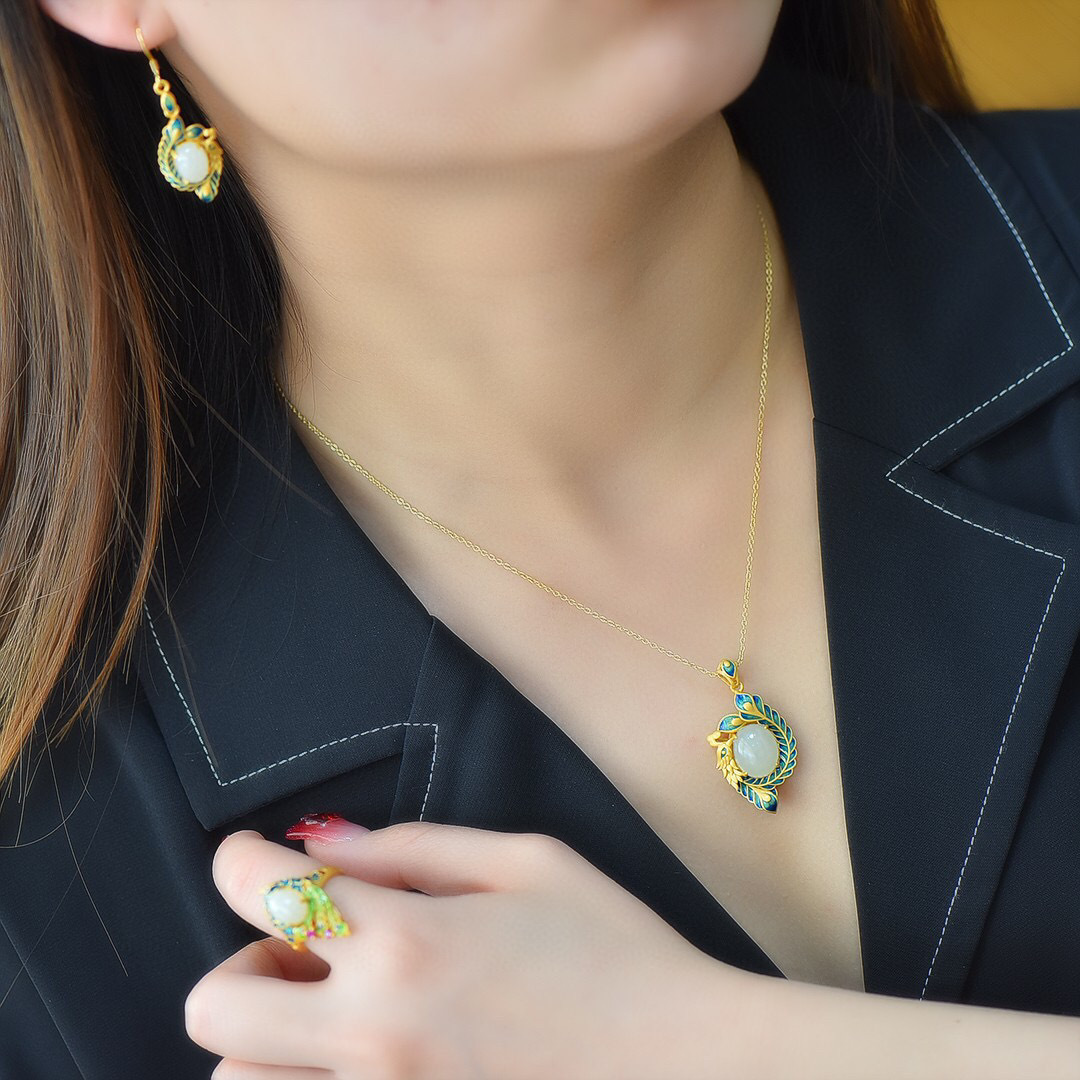 S925 silver white jade oval egg-shaped antique enamel phoenix necklace, earrings and ring - Mocoer